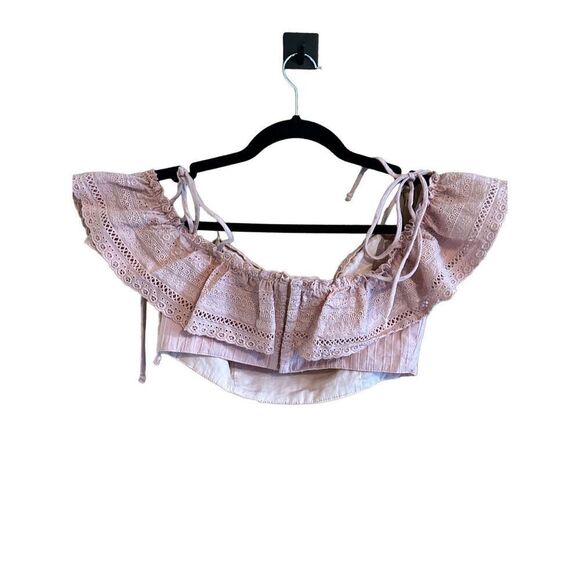 Storia Crop Top Women’s Peach Pink  Eyelet Spaghetti Strap Off Shoulder Sz M - Picture 2 of 9